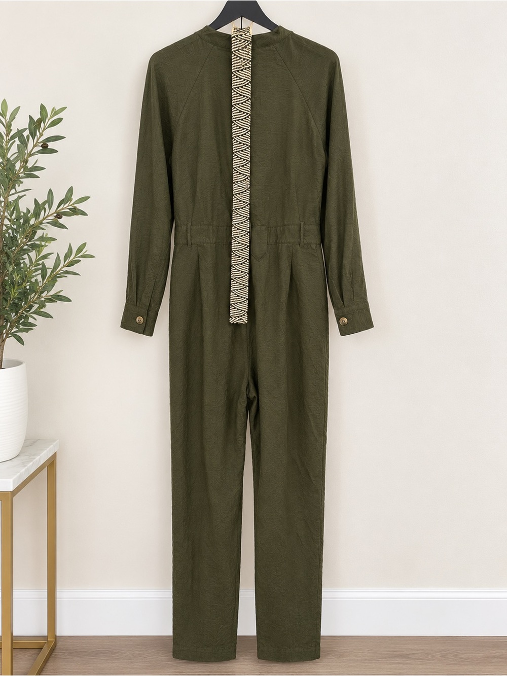 Zara Olive Utility Long-Sleeve Jumpsuit